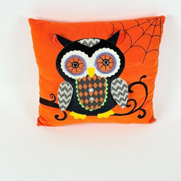 Pier 1 Owl Decorative Halloween Orange Pillow Decor Embroidered Applique Cute Ac - Picture 2 of 7